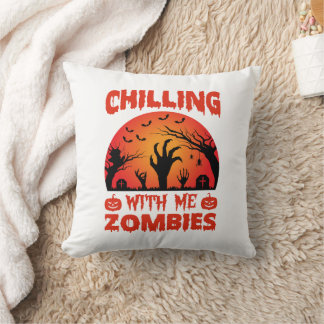 Chilling With Me Zombies Retro Halloween Throw Pillow
