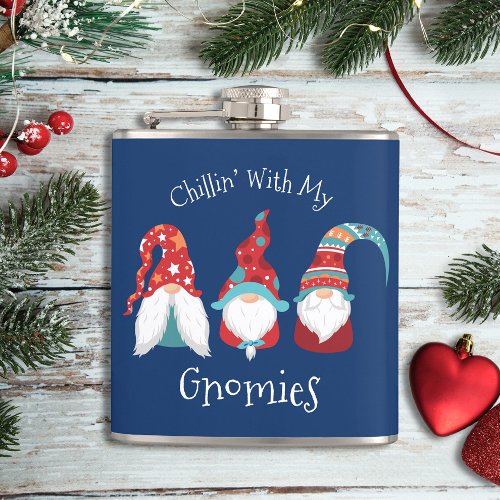 Chilling with my Gnomies Funny Modern Holiday Blue Flask