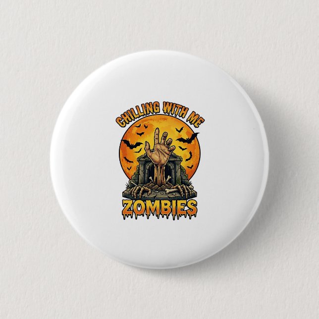 Chilling Zombies Hand Tombstone Full Moon Bats Button (Front)