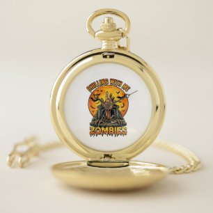 Chilling Zombies Hand Tombstone Full Moon Bats Pocket Watch