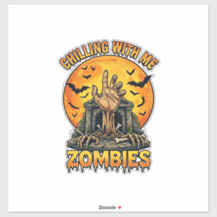 Chilling Zombies Hand Tombstone Full Moon Bats Sticker
