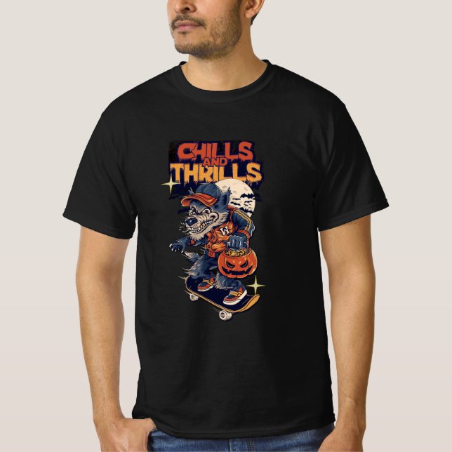 Chills and Thrills Halloween Werewolf SkateT-Shirt T-Shirt (Front)