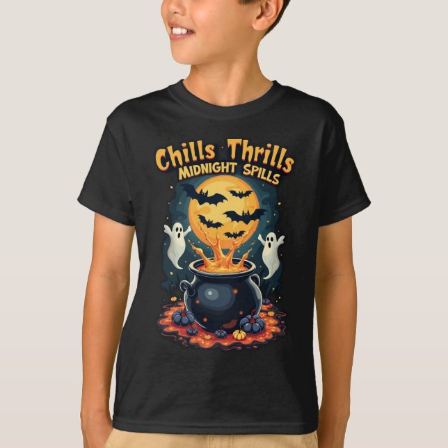 Chills Thrills and Midnight Spills Halloween Vibes T-Shirt (Front)