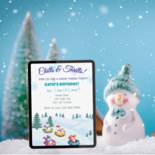 Chills & Thrills, snow tubing animals birthday Invitation