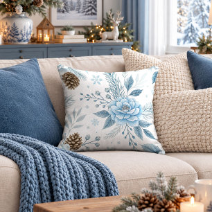 Chilly Blue Floral Throw Pillow Winter Garden Art