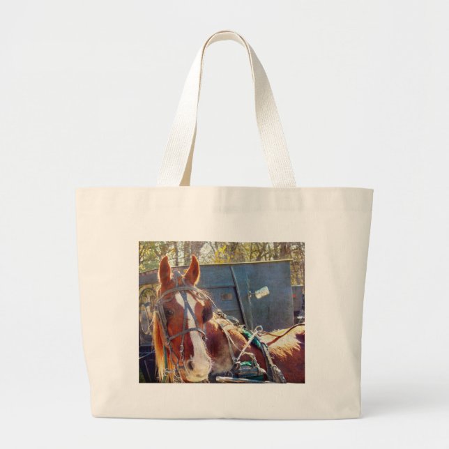 Chilly Morning Amish Horse Large Tote Bag (Front)