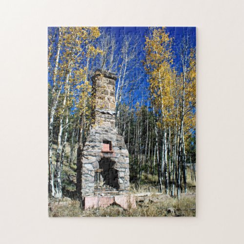 Chimney Ruin Amongst Fall Aspens Trees Photograph Jigsaw Puzzle