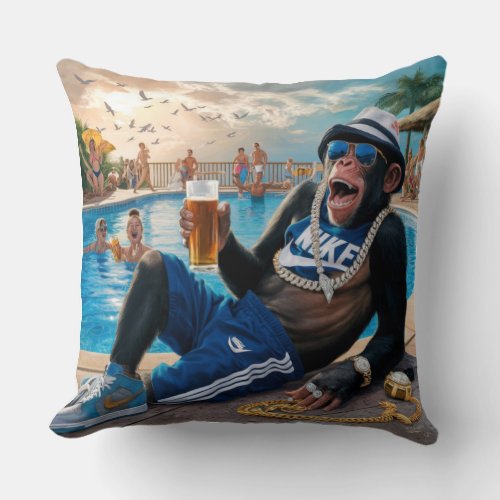 Chimp Chic by the Poolside Throw Pillow