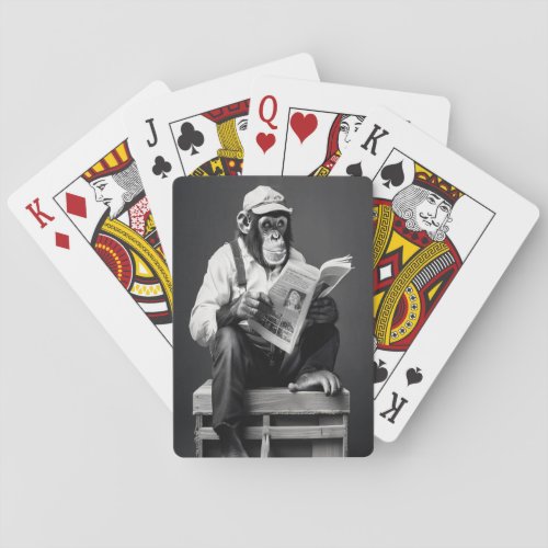 Chimp reading newspaper playing cards