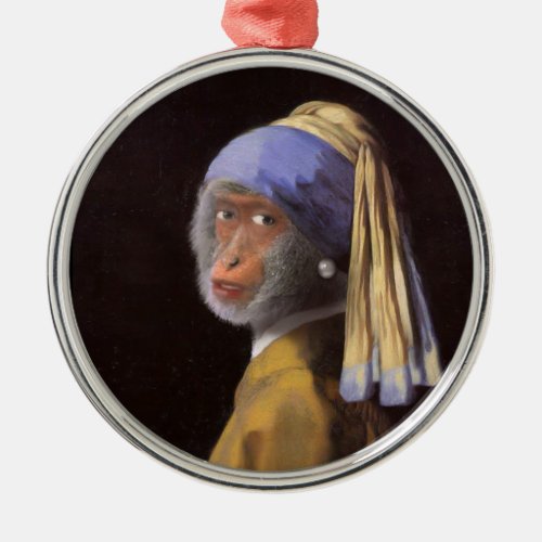 Chimp With a Pearl Earring Metal Ornament