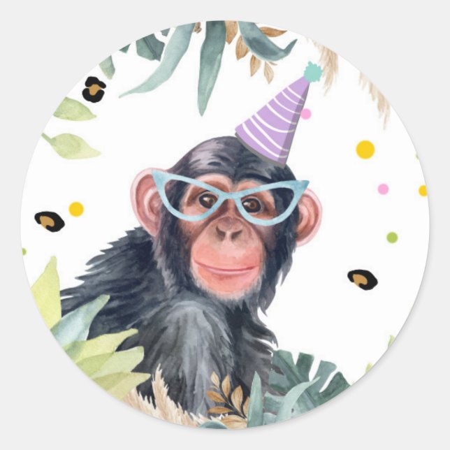 Chimpanse Monkey Safari Party Animal Birthday Classic Round Sticker (Front)