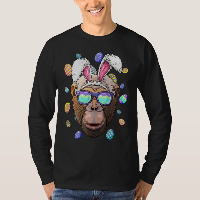 Chimpanzee Easter Bunny Ears Funny Easter Eggs Hun T-Shirt (Front)