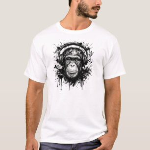 Chimpanzee Headphones Street Art Black  T-Shirt