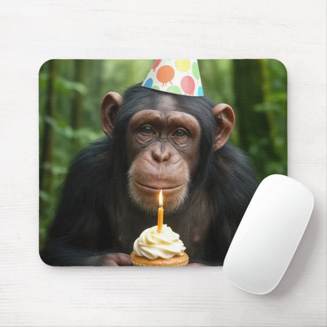 Chimpanzee Holding a Birthday Cupcake Mouse Pad (With Mouse)