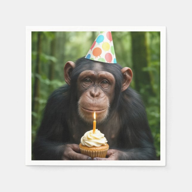 Chimpanzee Holding a Birthday Cupcake Napkins (Front)
