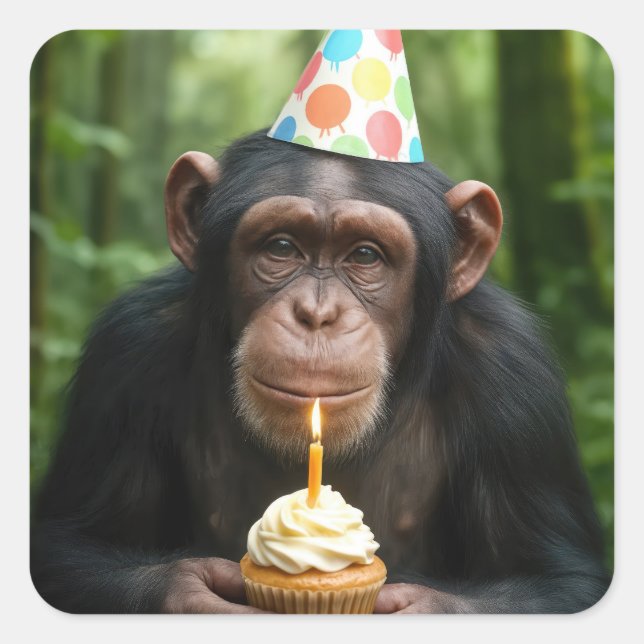 Chimpanzee Holding a Birthday Cupcake Square Sticker (Front)
