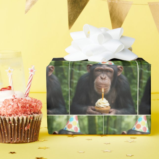 Chimpanzee Holding a Birthday Cupcake Wrapping Paper (Birthday Party)