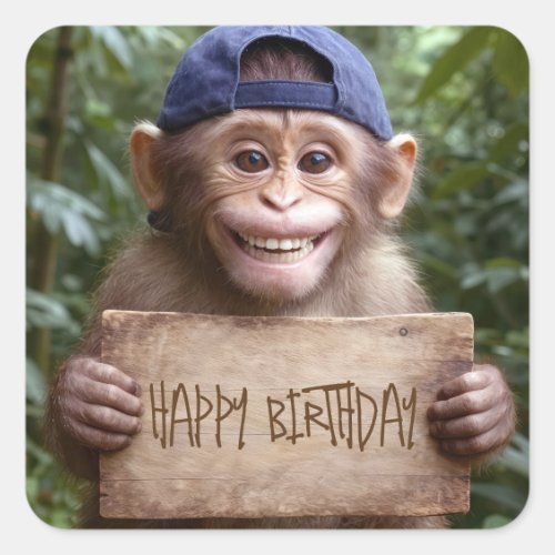 Chimpanzee Holding a Happy Birthday Sign Square Sticker