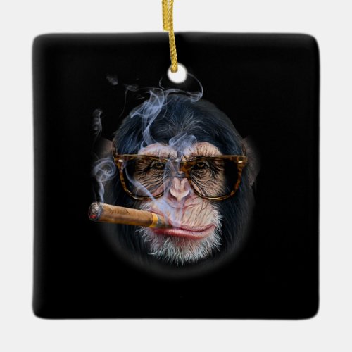 Chimpanzee In  Glass Puffing Cigar Monkey Face Ceramic Ornament