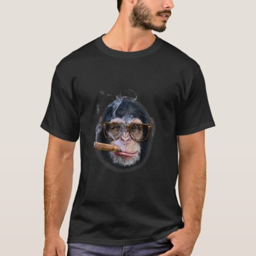 Chimpanzee In  Glass Puffing Cigar Monkey Face T_Shirt