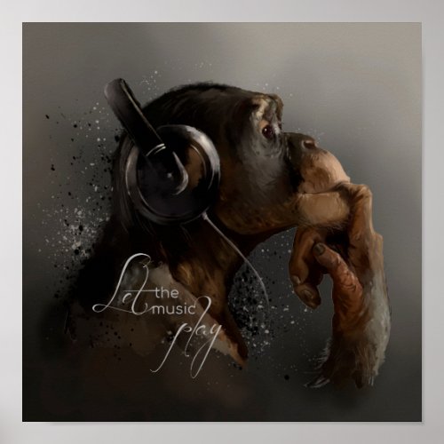 Chimpanzee listening to music Watercolor drawing	 Poster