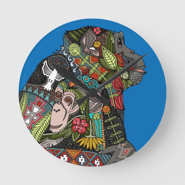 chimpanzee love blue round clock (Front)