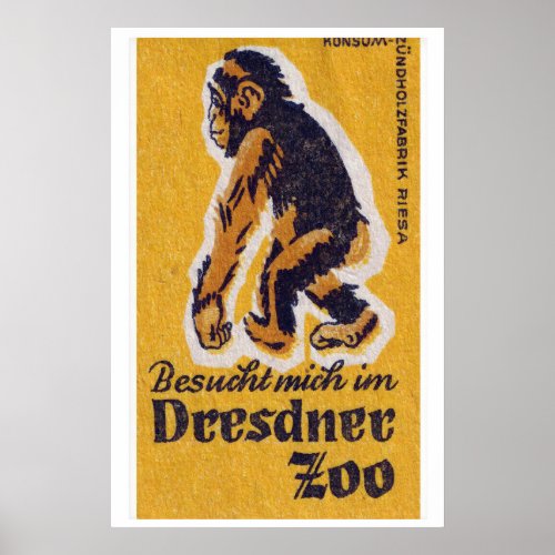 Chimpanzee Matchbox Art Print, German Vintage Folk Poster