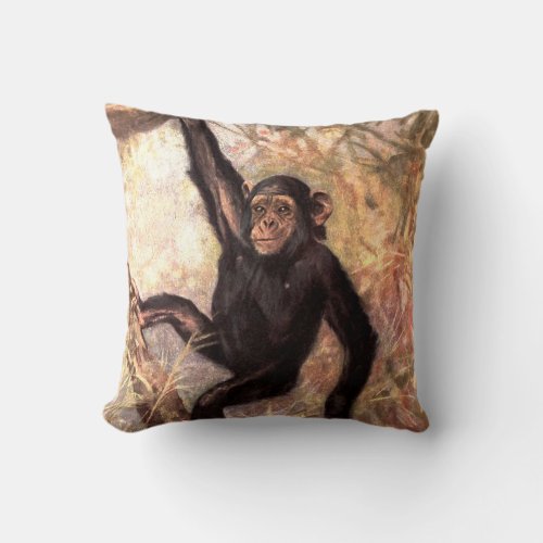 Chimpanzee Monkey by CE Swan Vintage Wild Animals Throw Pillow