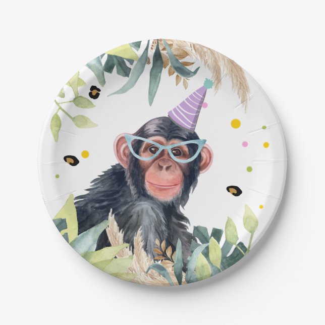 Chimpanzee Monkey Party Animals Birthday Safari Paper Plates (Front)
