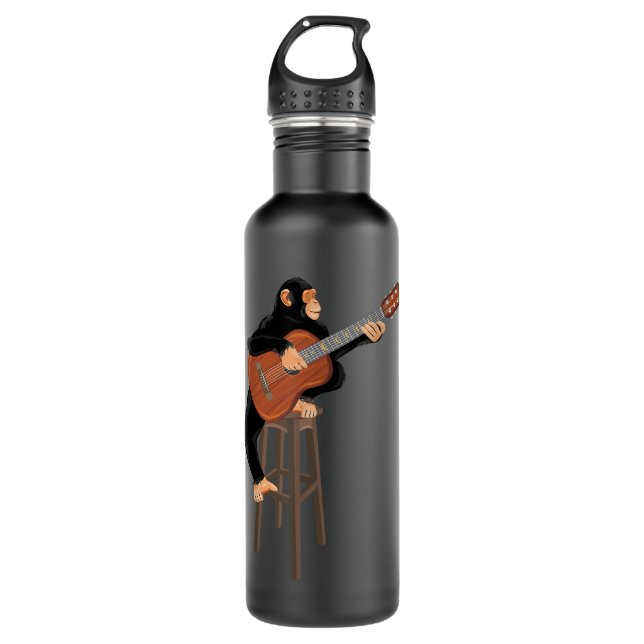 Chimpanzee playing acoustic guitar. Funny monkey Stainless Steel Water Bottle (Front)