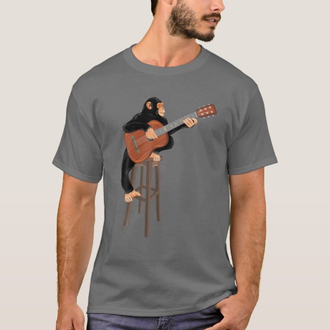 Chimpanzee Playing Acoustic Guitar. Funny Monkey T-Shirt (Front)