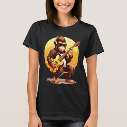 Chimpanzee Playing Electric Bass Guitar Funny Mon T_Shirt