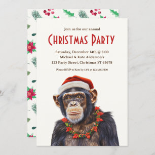 Chimpanzee Santa Hat Poinsettias Christmas Party Invitation