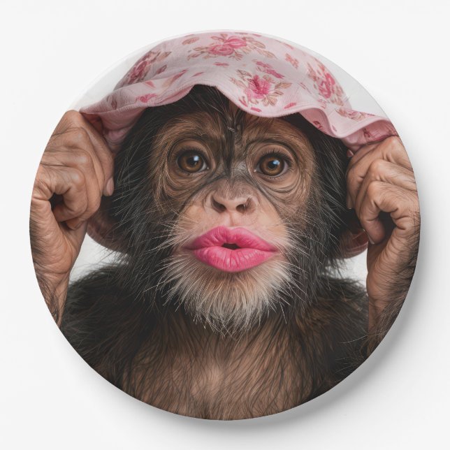 Chimpanzee Wearing Pink Lipstick Paper Plates (Front)