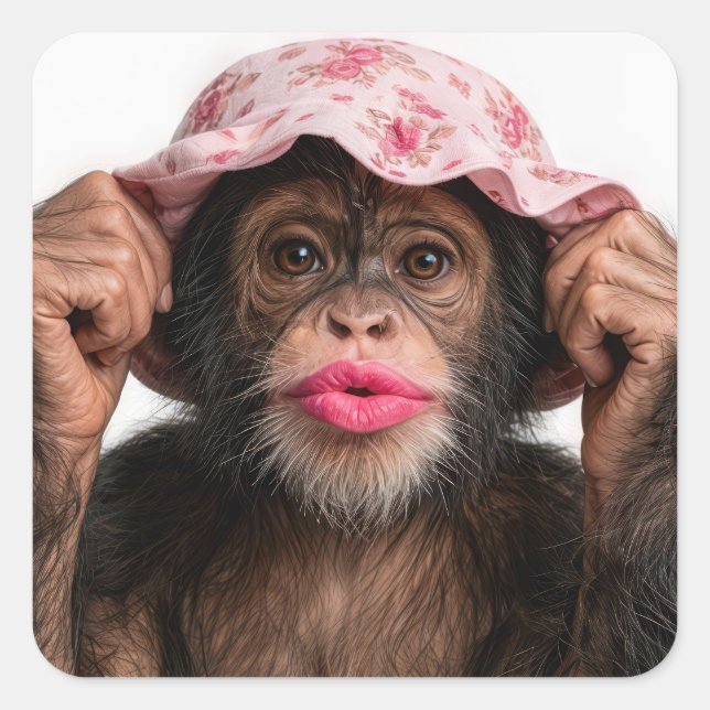Chimpanzee Wearing Pink Lipstick Square Sticker (Front)