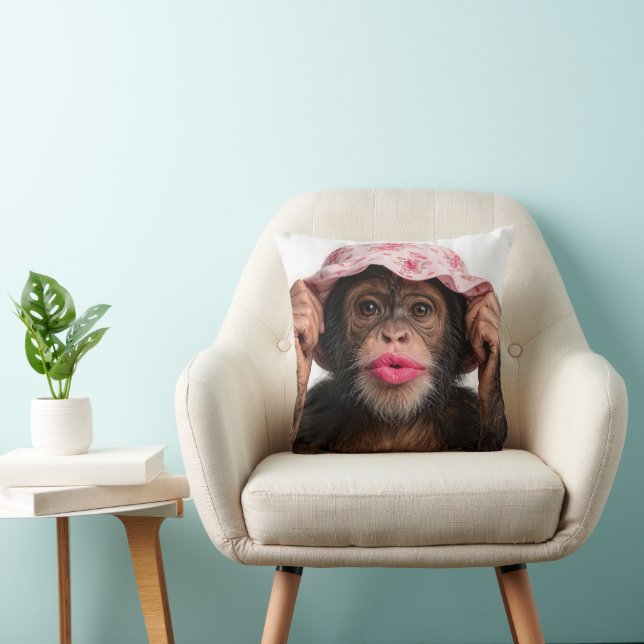 Chimpanzee Wearing Pink Lipstick Throw Pillow (Chair)