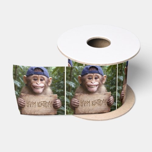 Chimpanzee with Happy Birthday Sign Satin Ribbon