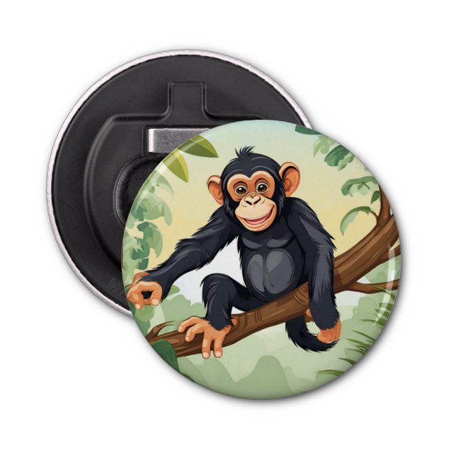 Chimpanzee with her cute tail on the branch greets bottle opener (Front)