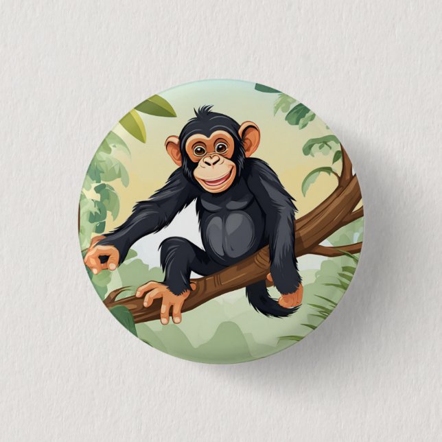 Chimpanzee with her cute tail on the branch greets button (Front)