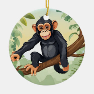 Chimpanzee with her cute tail on the branch greets ceramic ornament