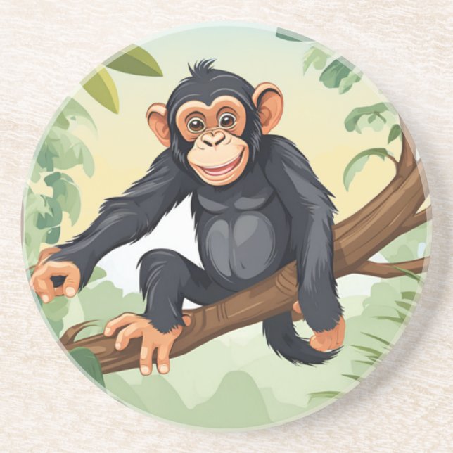 Chimpanzee with her cute tail on the branch greets coaster (Front)