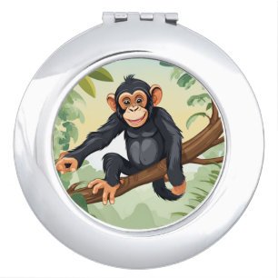Chimpanzee with her cute tail on the branch greets compact mirror