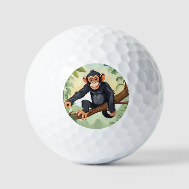 Chimpanzee with her cute tail on the branch greets golf balls (Front)