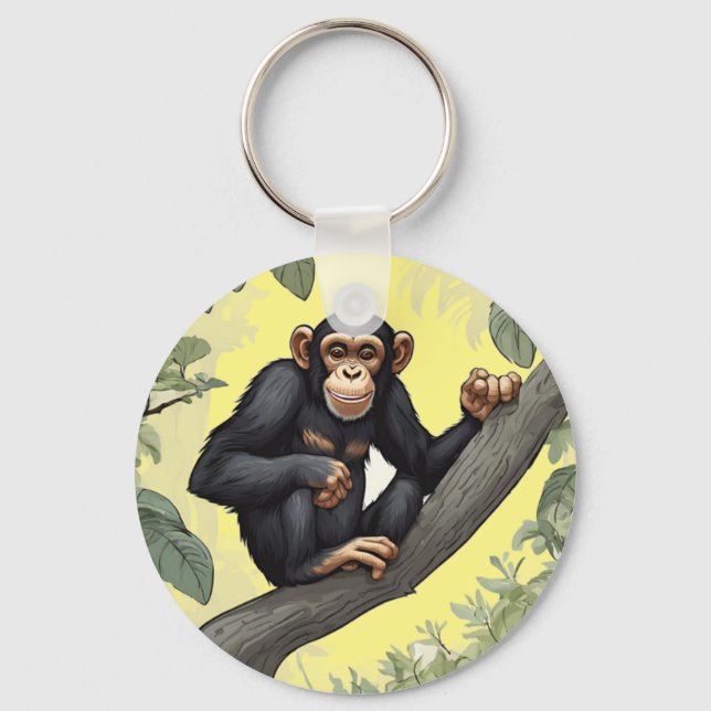 Chimpanzee with her cute tail on the branch greets keychain (Front)
