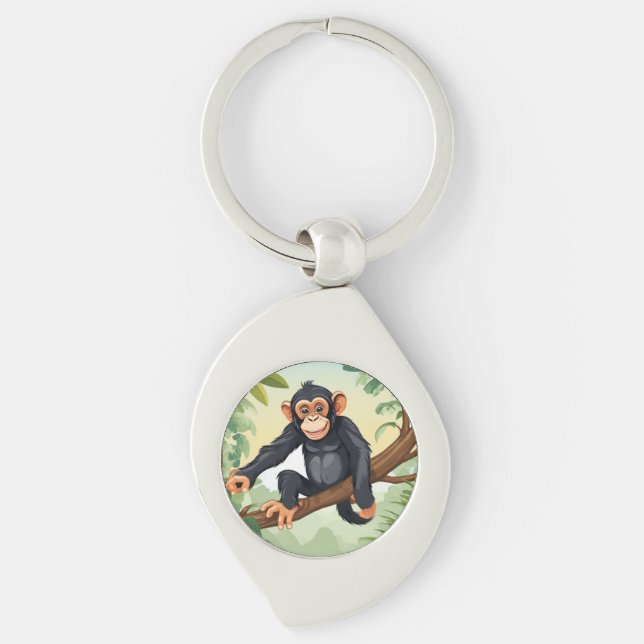 Chimpanzee with her cute tail on the branch greets keychain (Front)