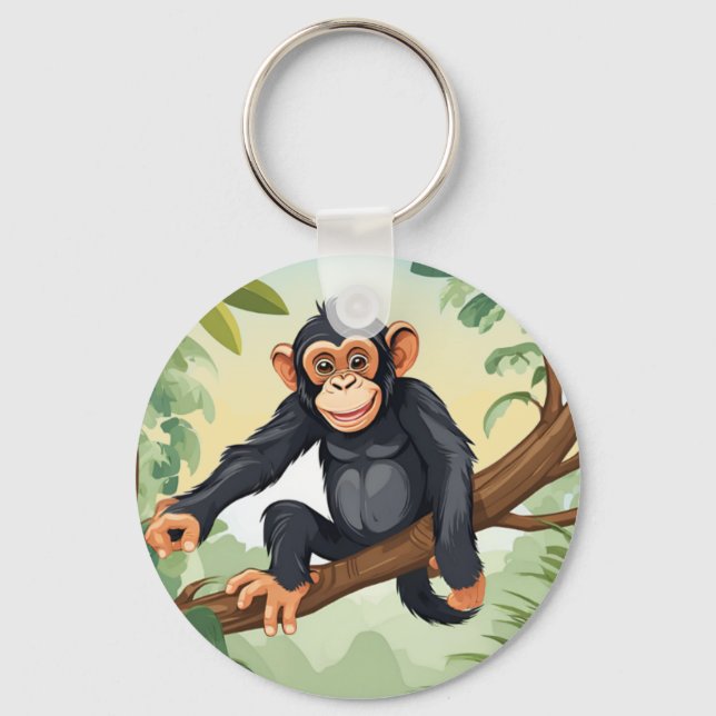 Chimpanzee with her cute tail on the branch greets keychain (Front)