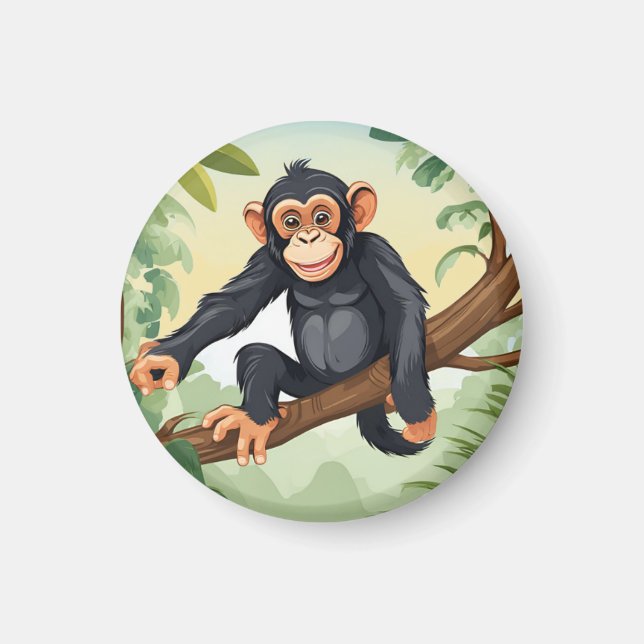 Chimpanzee with her cute tail on the branch greets magnet (Front)