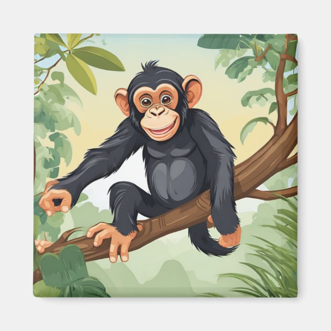Chimpanzee with her cute tail on the branch greets magnet (Front)