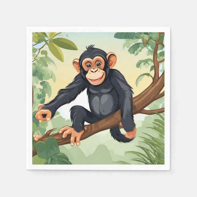 Chimpanzee with her cute tail on the branch greets napkins (Front)
