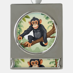 Chimpanzee with her cute tail on the branch greets silver plated banner ornament